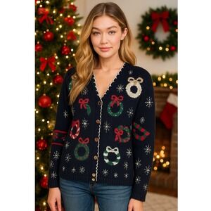Vintage‎ Christmas Sweater Navy Blue Wreath Snowflake Holiday Cardigan Sz Medium